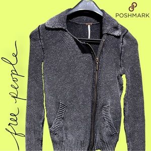 Free People (Sm) Moto blk/grey white asymmetrical zip up jacket sweater